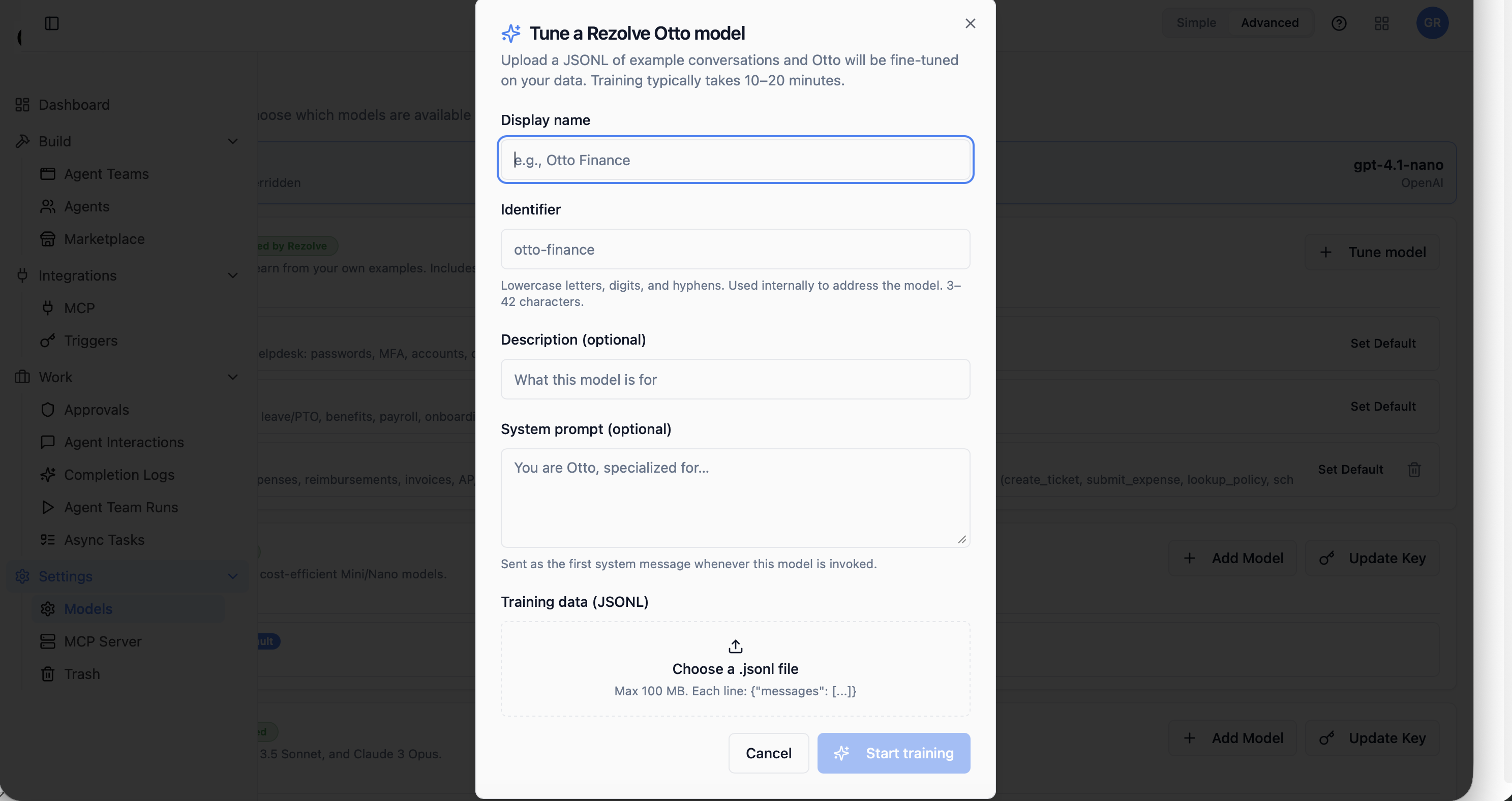 Tune a Rezolve Otto model dialog with Display name, Identifier, Description, System prompt, and Training data (JSONL) fields and Cancel / Start training buttons