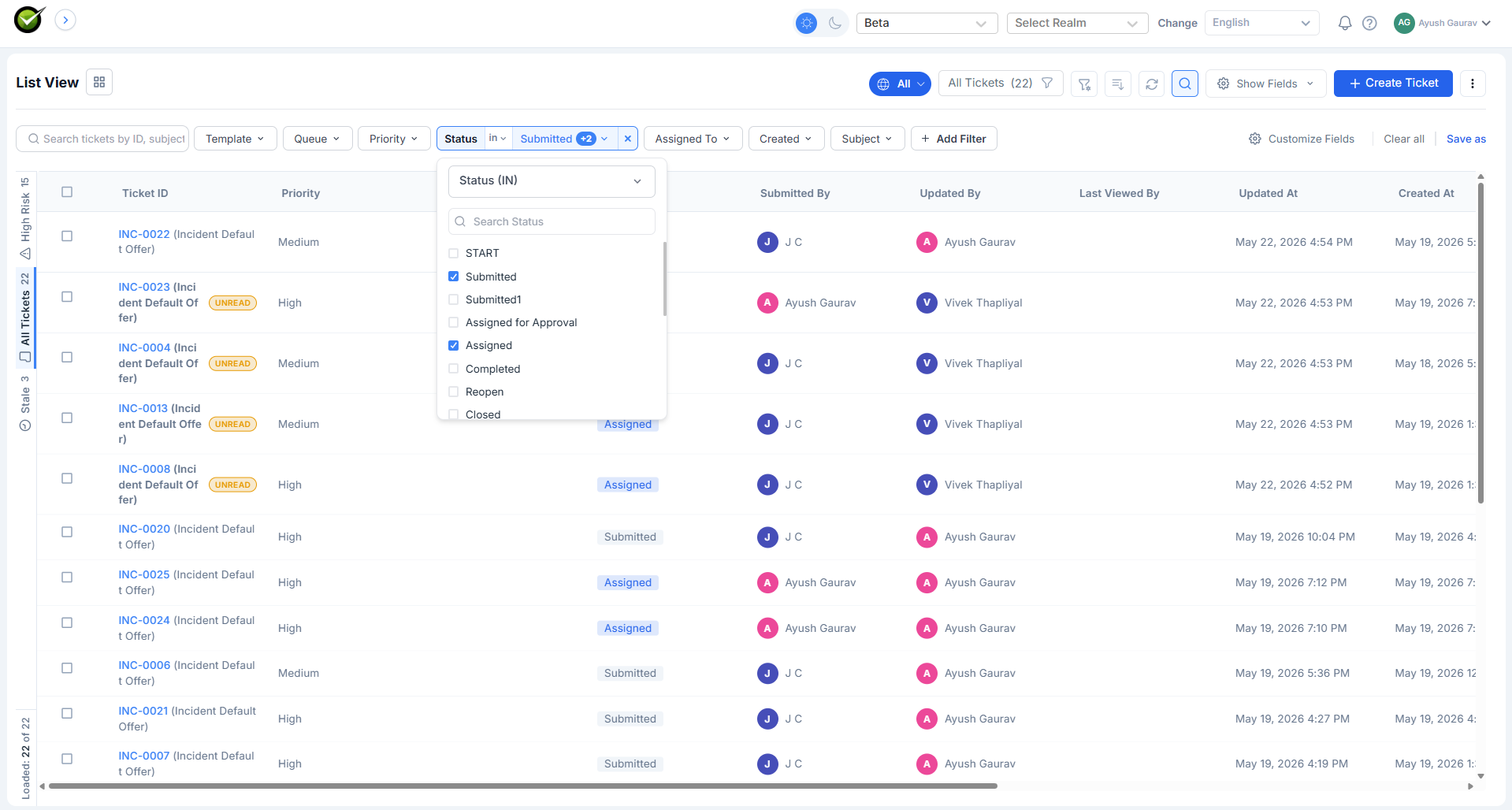 Multi-select dropdown opened from the Status field, with three values ticked (Open, In Progress, Pending)