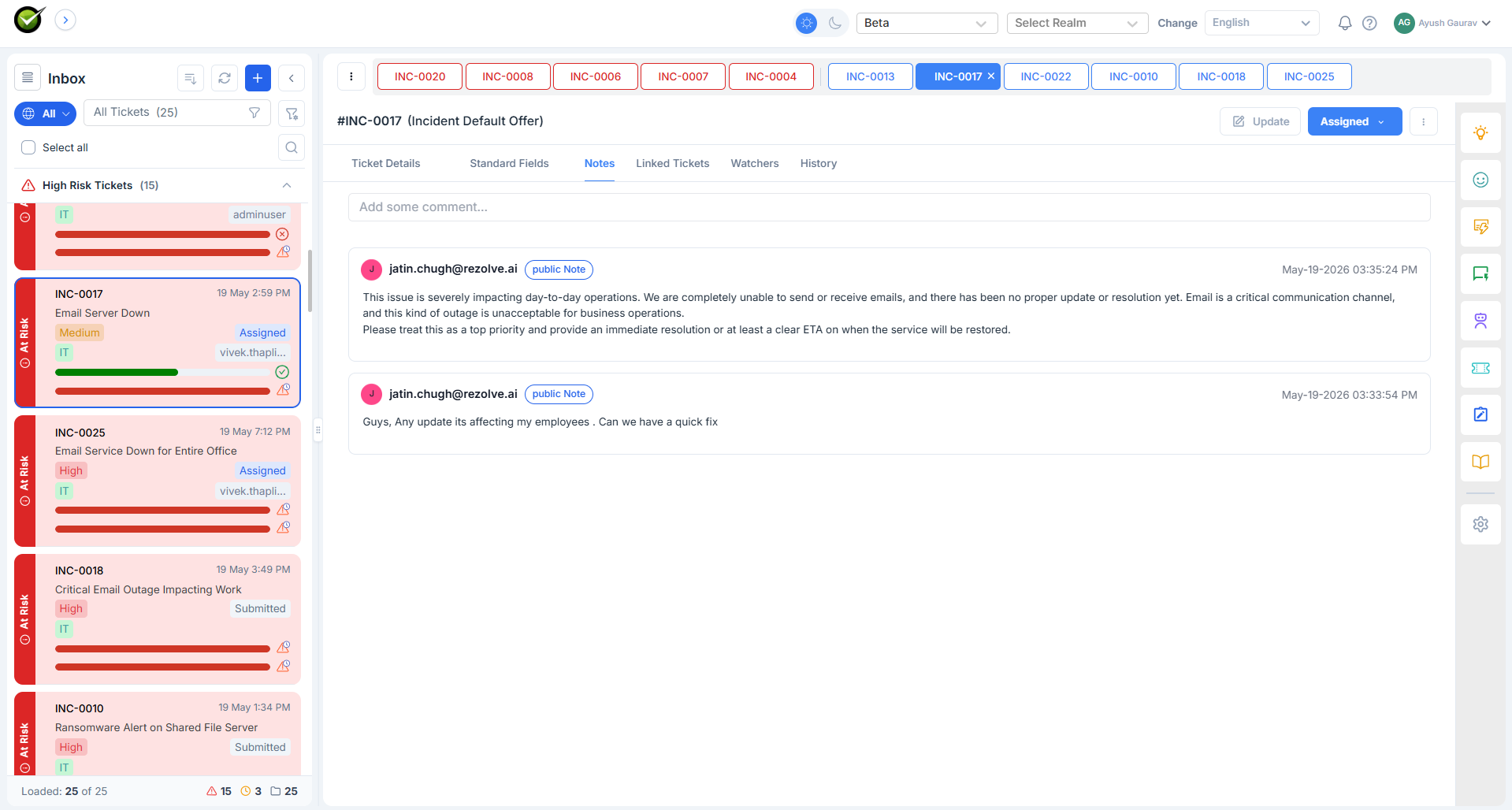 Horizontal row of ticket-ID pills at the top of the inbox, coloured red, orange, yellow, green from left to right, with a queue selector dropdown above