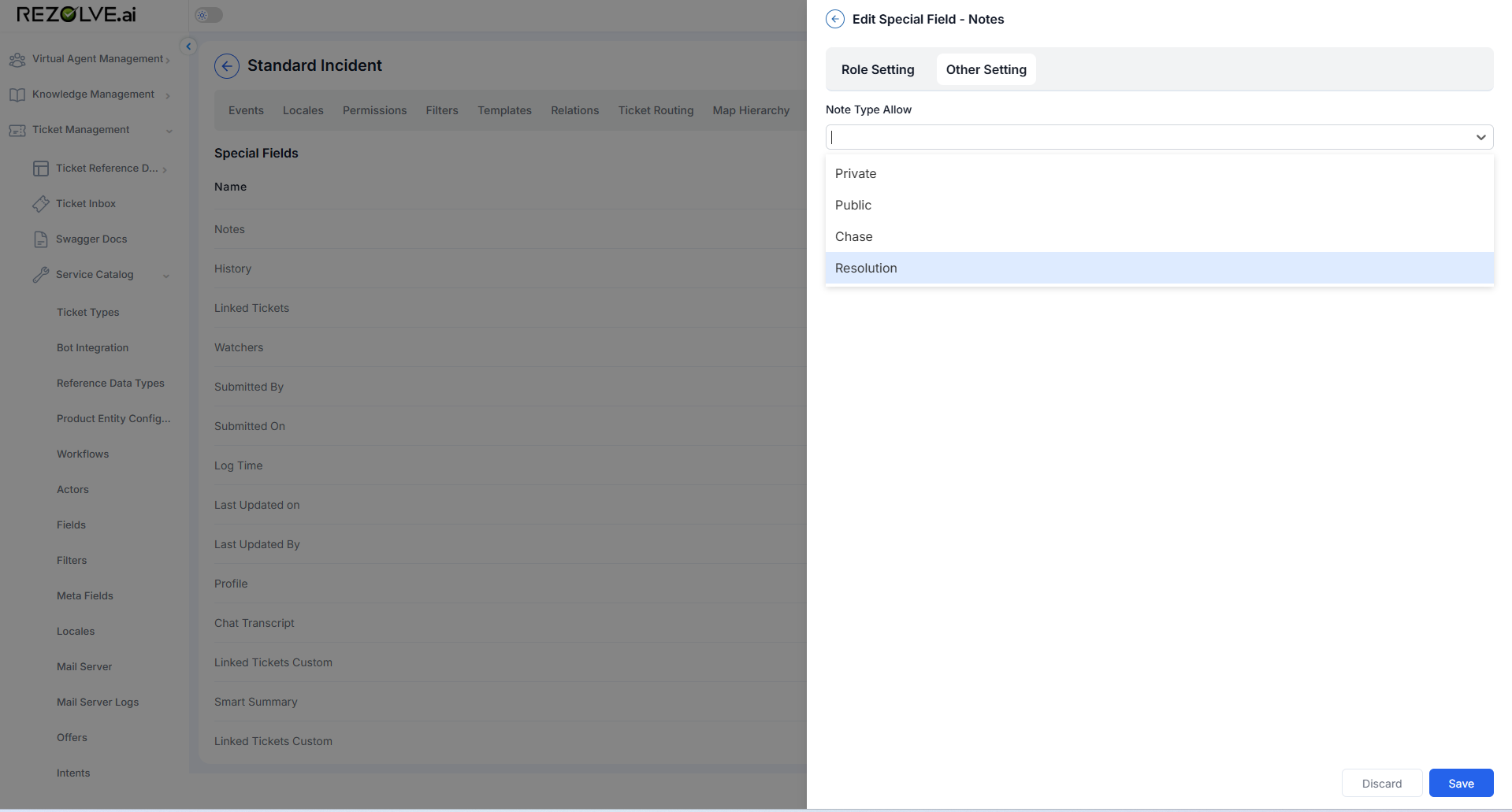 Note Type Allow options on the Other Setting tab