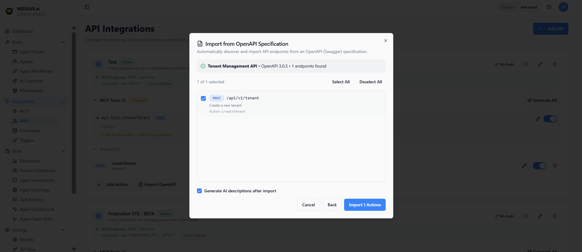 Import from OpenAPI Specification dialog: parsed endpoint list with checkboxes, Select All / Deselect All, Generate AI descriptions toggle