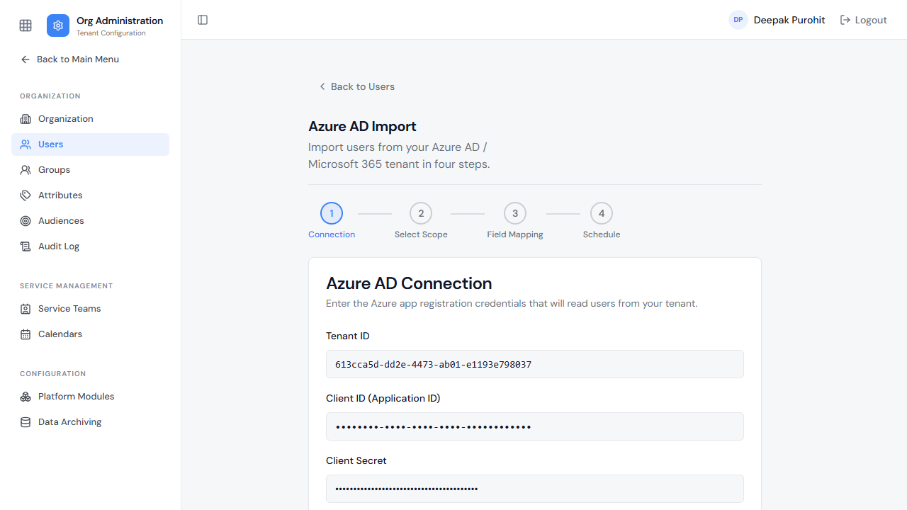 Connection — an Azure app registration's Tenant ID, Client ID, and Client Secret authorize read access to the Azure tenant