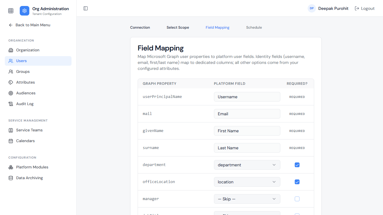 Field Mapping — Azure user properties mapped to platform fields and attributes