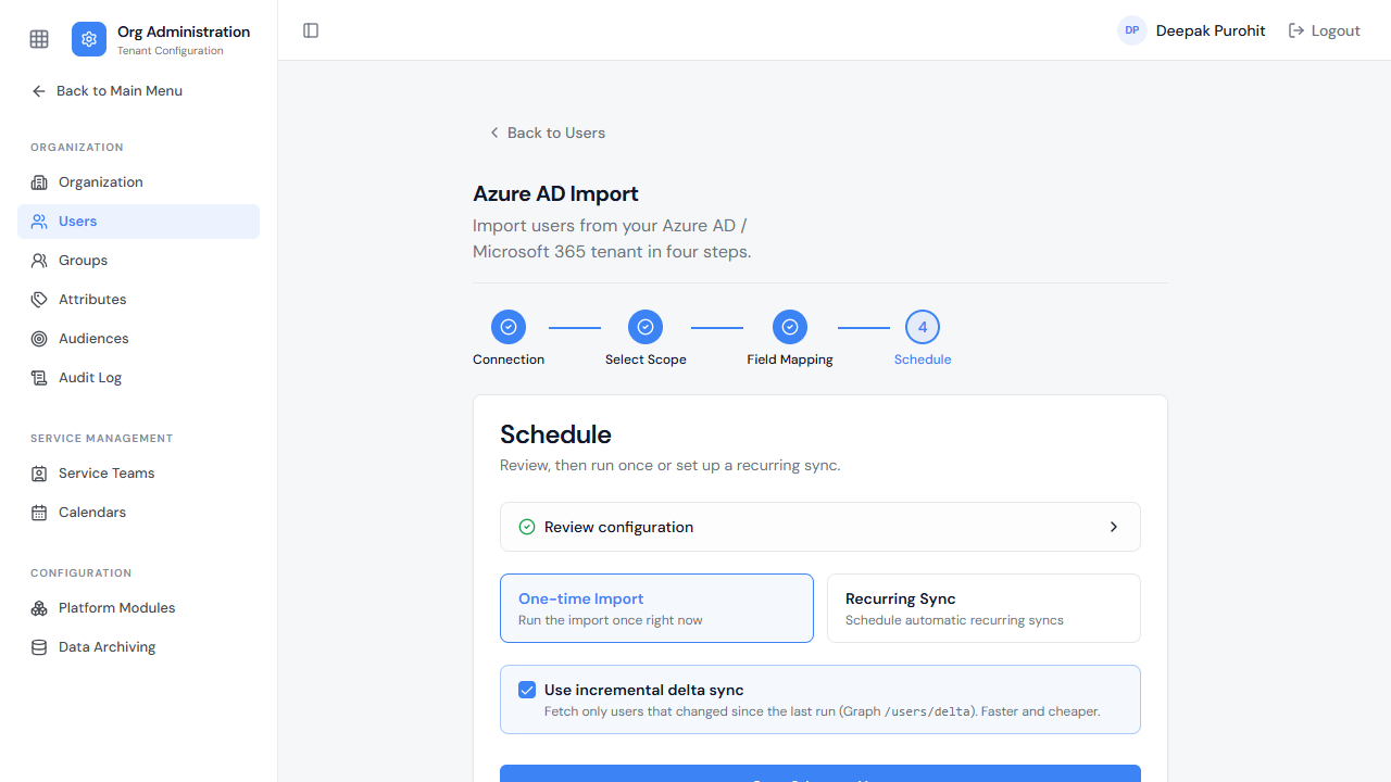 Schedule — run once or set up a recurring, incremental sync