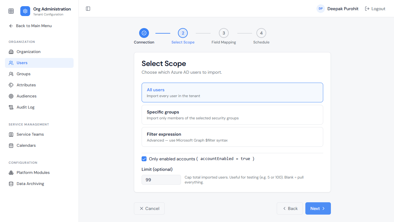 Select Scope — choosing which Azure AD users to import