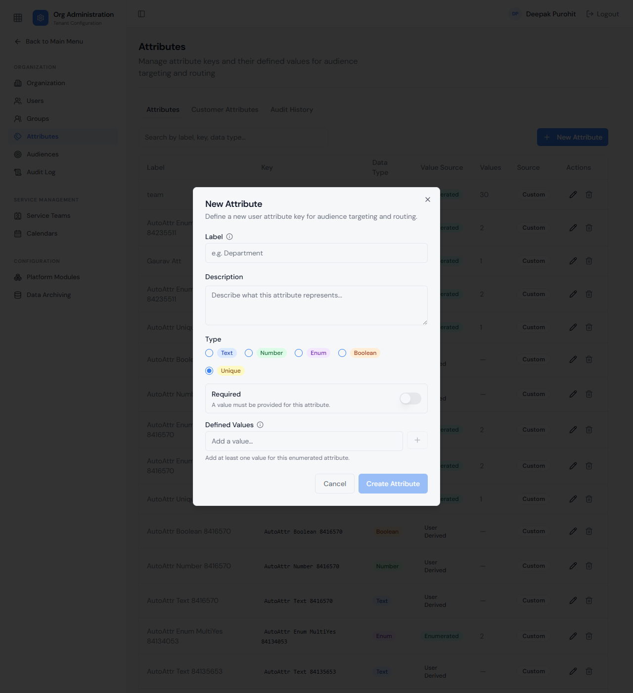 Unique also requires Defined Values, but has no Multi Value option