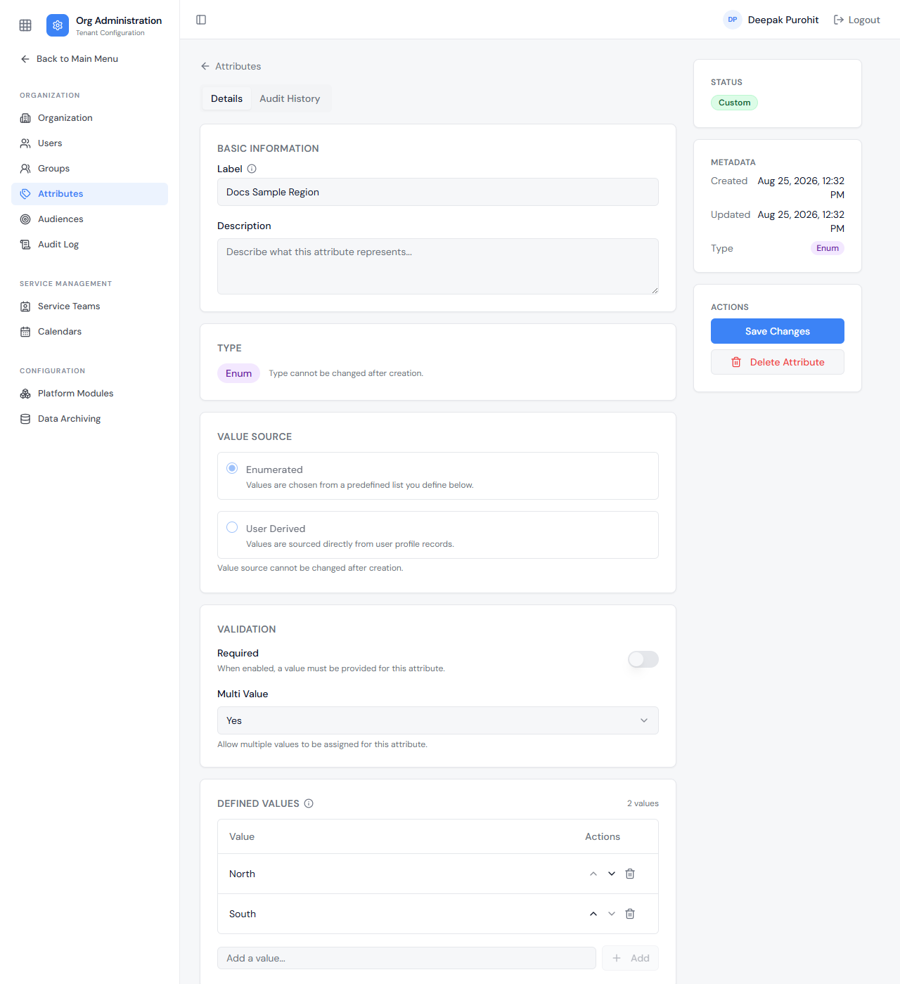 An Enum attribute's detail view — configuration, validation, and its Defined Values list