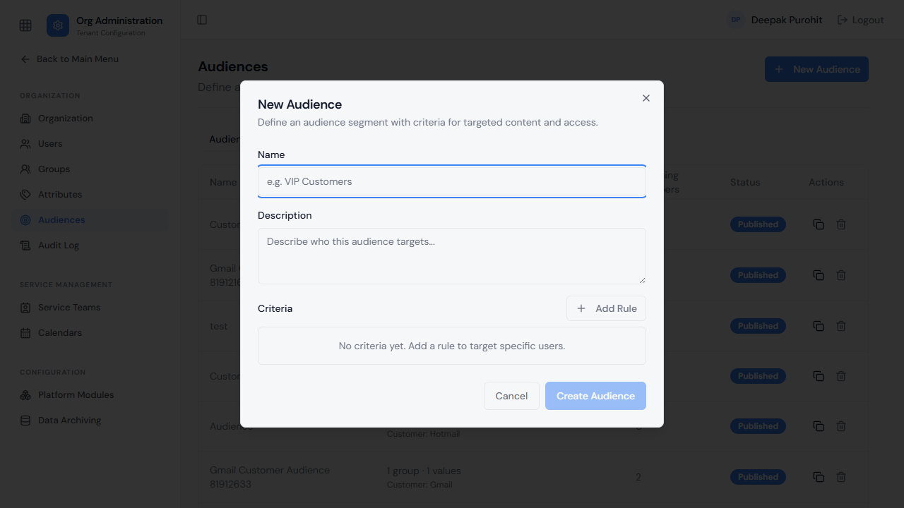 Creating a new audience — the Criteria section before any rule is added