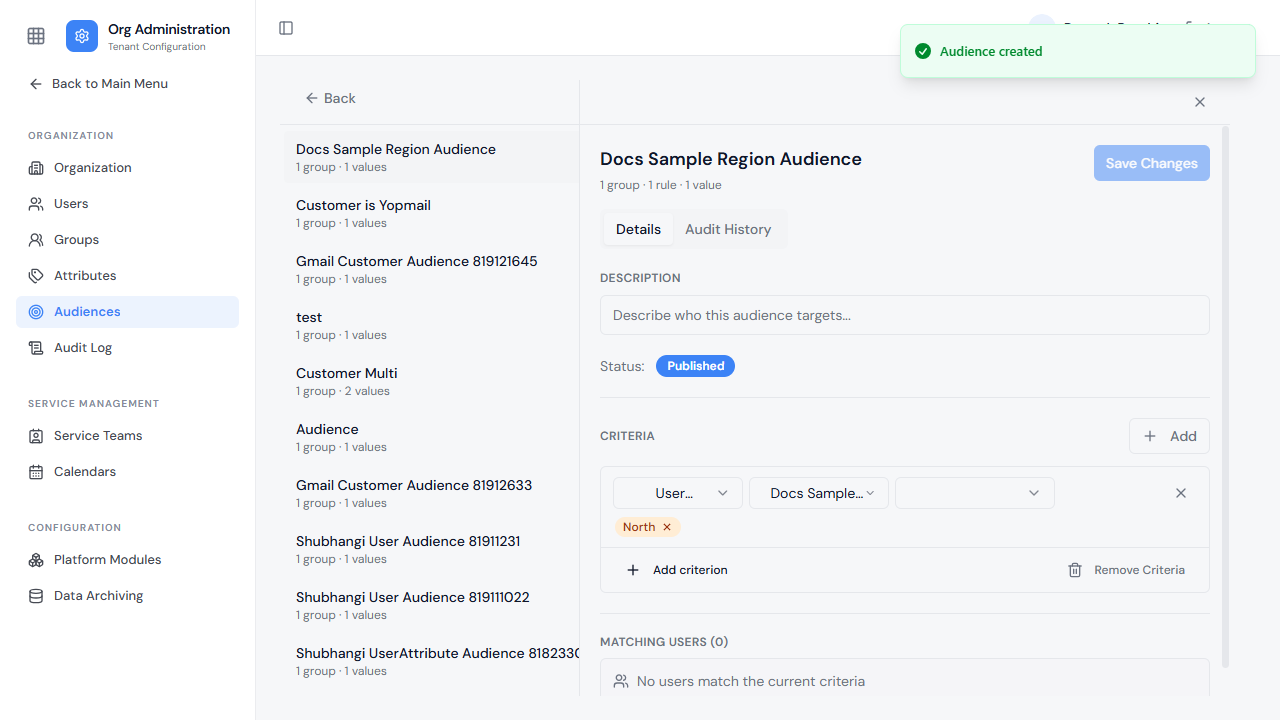 A saved audience — its criteria, and the users matching them