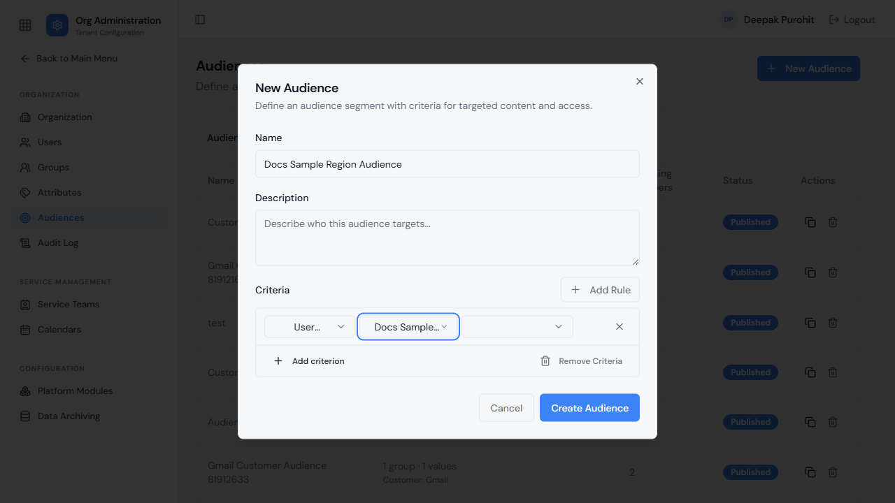 User Attribute criterion — selecting which attribute to match on
