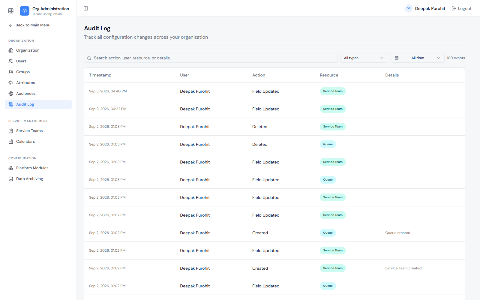 Audit Log — combined timeline, filterable by resource type
