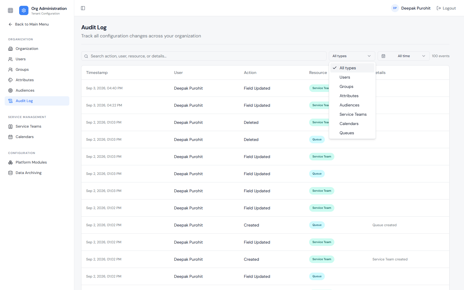 The type filter — Users, Groups, Attributes, Audiences, Service Teams, Calendars, and Queues