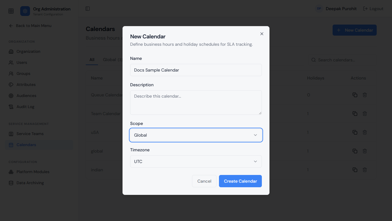 New Calendar — Name, Description, Scope, and Timezone