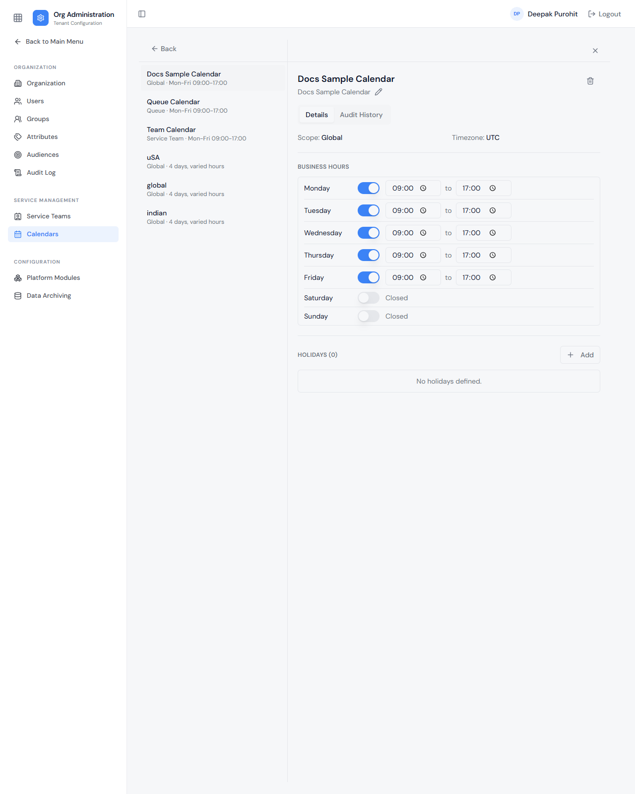 A calendar's Details tab — Business Hours per day, and the Holidays list
