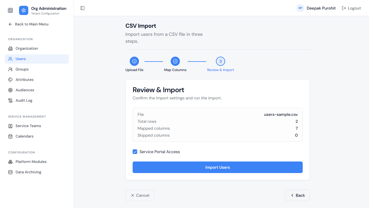 Reviewing the file before import — row count, mapped columns, and Service Portal Access apply to the whole batch