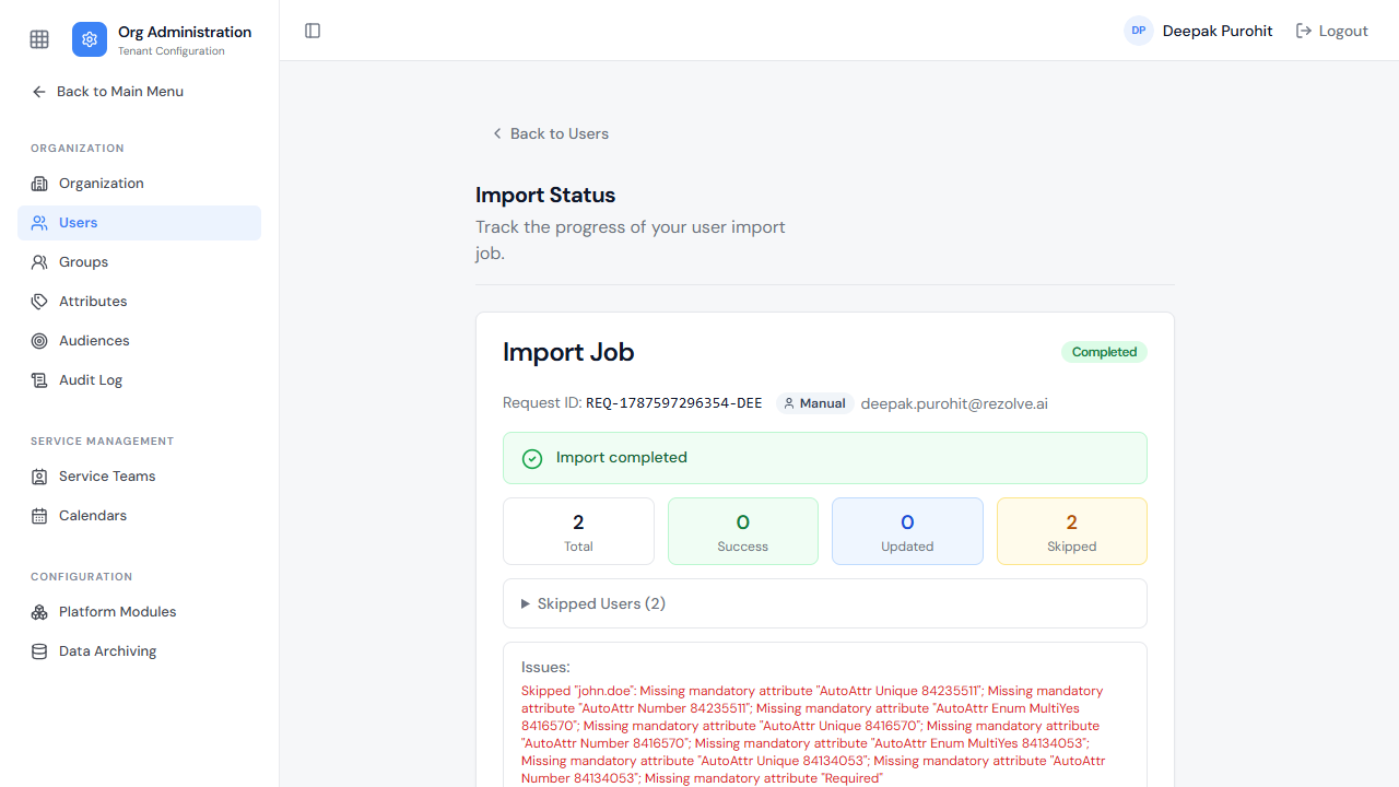 Import status — every validation issue found across the file is listed together