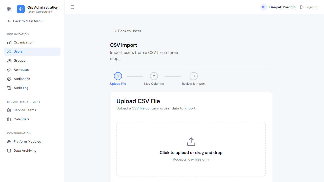 Uploading a CSV file to import users