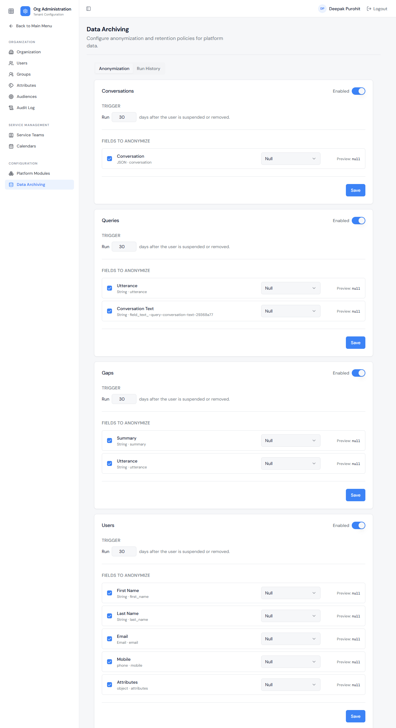 All four sections enabled, showing each one's Trigger and Fields to Anonymize