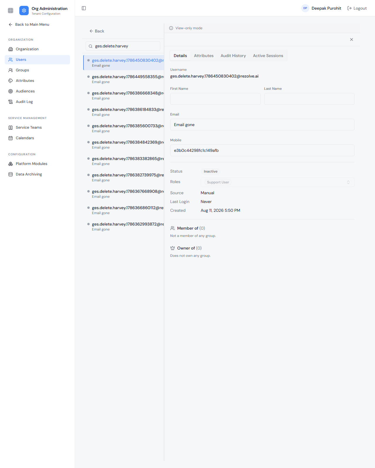 An anonymized user — First and Last Name nulled, Email replaced with a static placeholder, Mobile pseudonymized