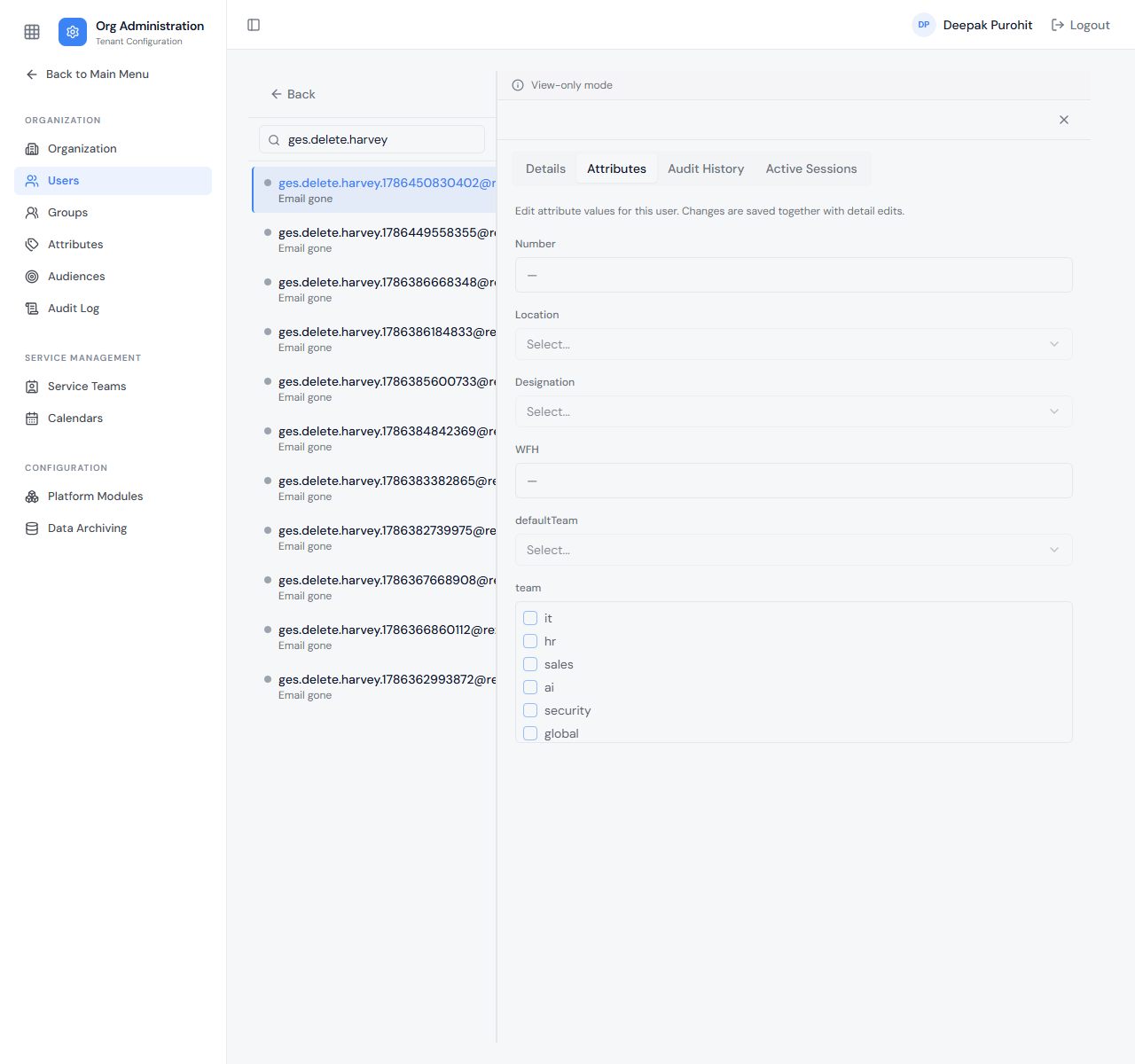 The same user's Attributes tab — every attribute value nulled
