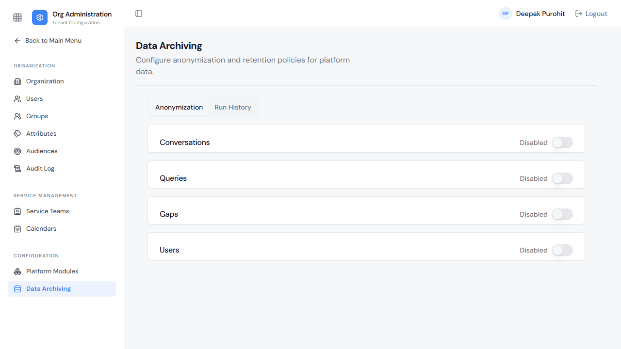 Data Archiving — four independently toggleable sections, all Disabled by default