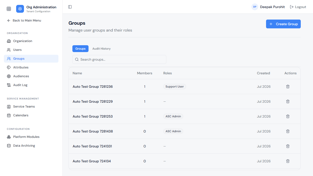 The Groups list — the Members count and Roles column reflect each group's current membership and roles