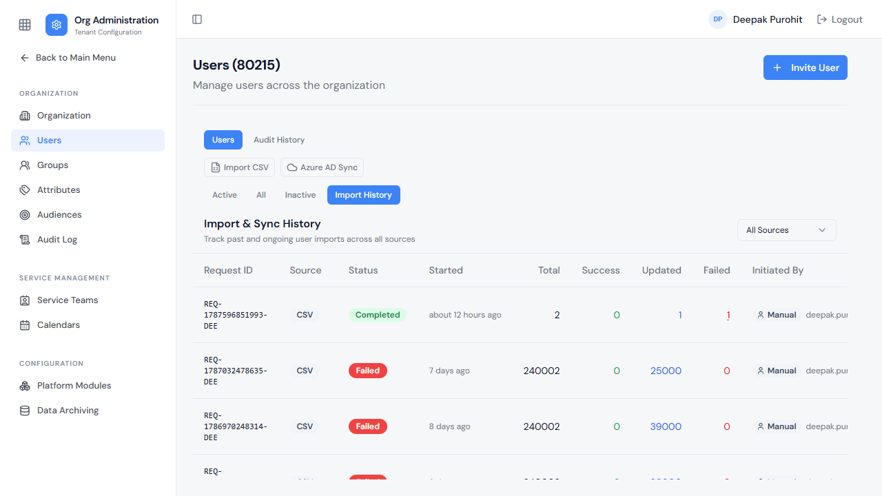 Import & Sync History — combined view across CSV and Azure AD, distinguishing Manual from Scheduled runs