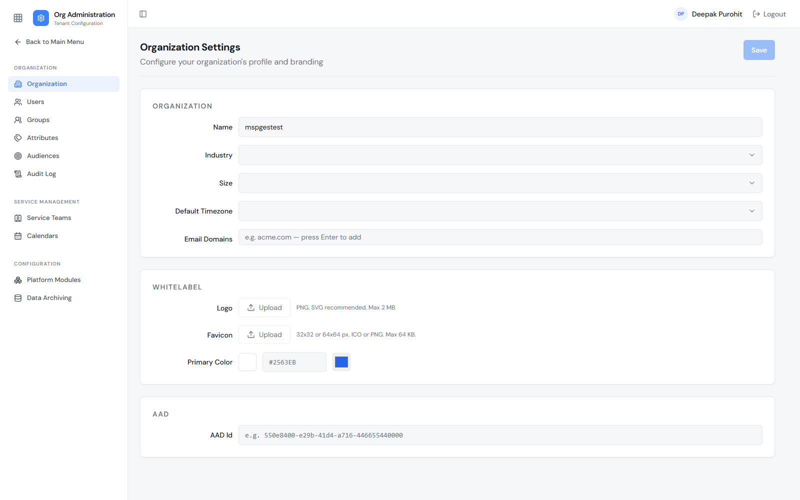 Organization Settings — Organization, Whitelabel, and AAD sections