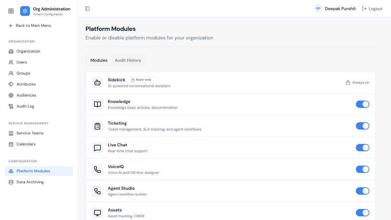 Platform Modules — Sidekick is always on; every other module has an on/off switch