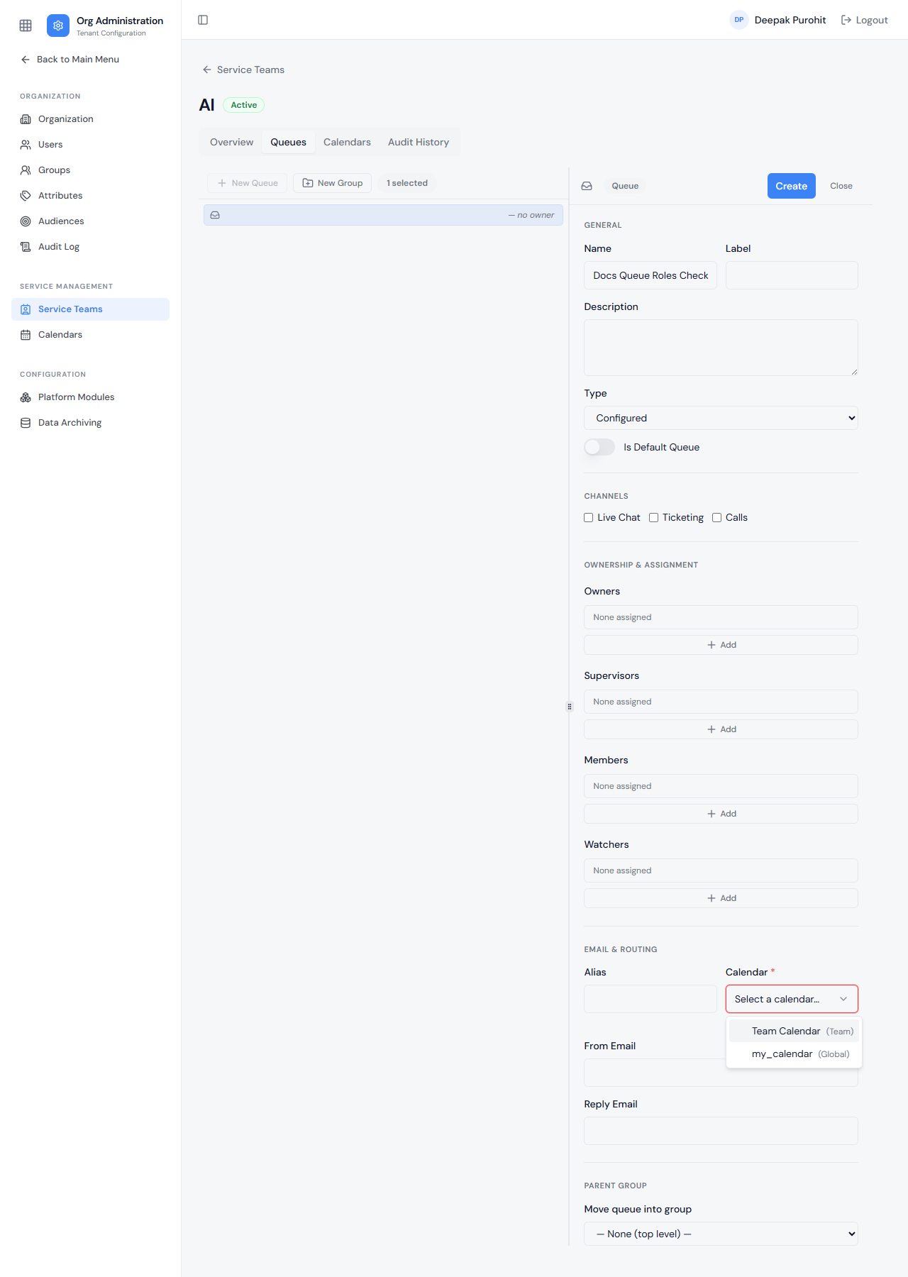 A queue's Calendar picker, showing scope-labeled options
