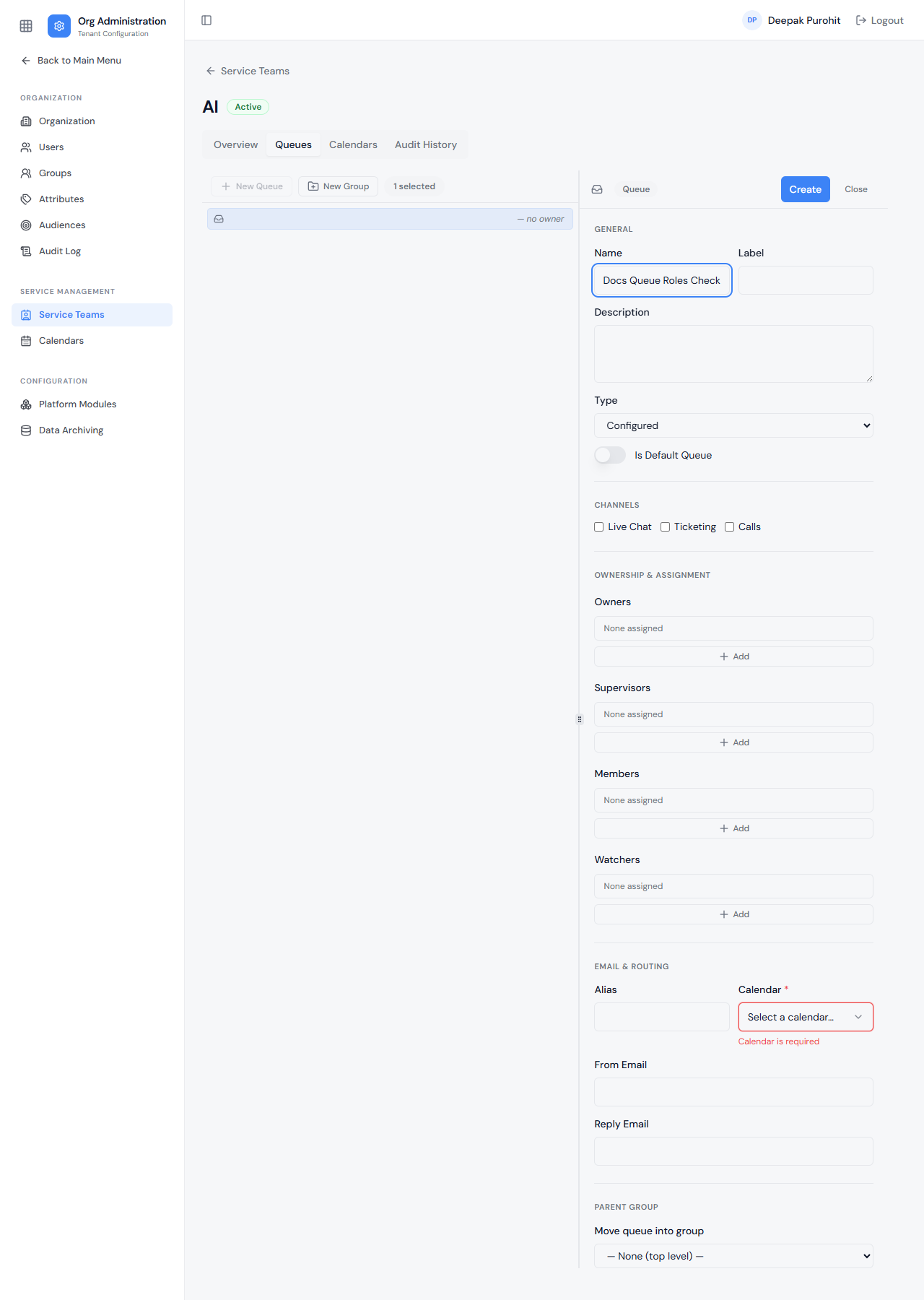 A queue's full configuration panel