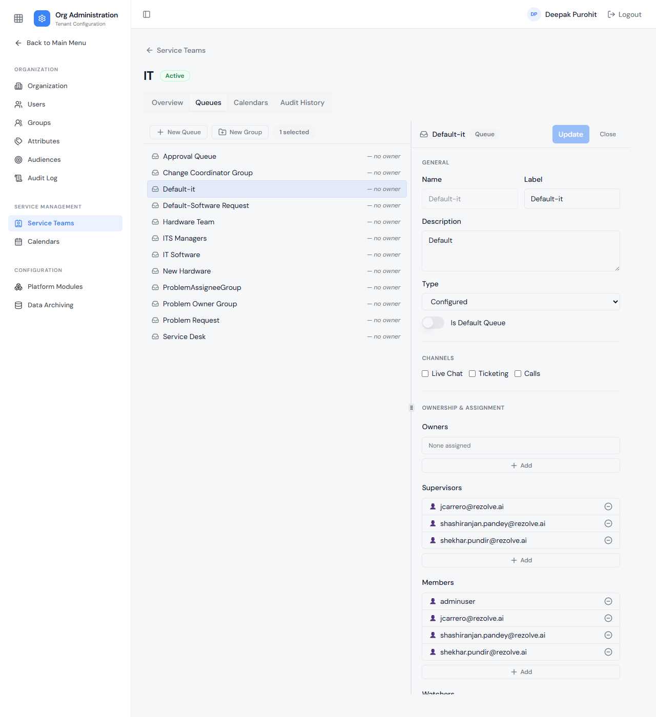 The Is Default Queue toggle, under a queue's General section