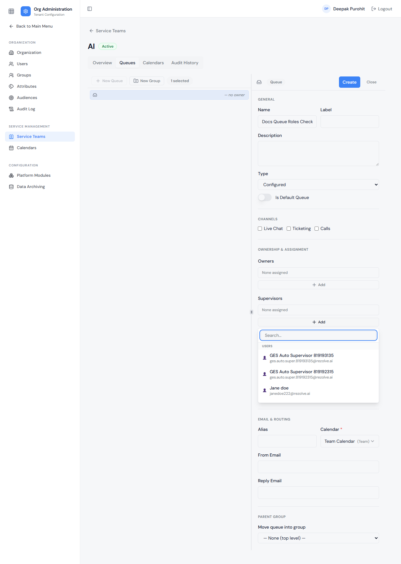 Supervisors picker — only Ticket Agent Supervisor role holders appear