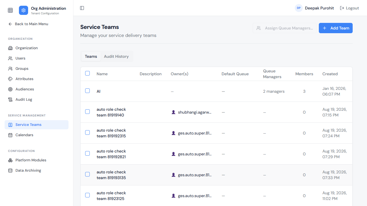 The Service Teams list