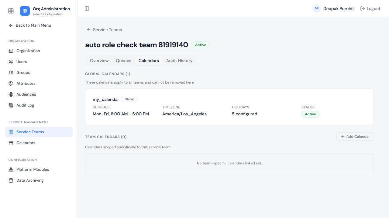 A team's Calendars tab — Global vs. Team-specific