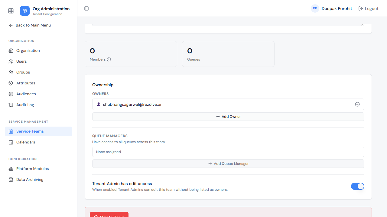 The team's Ownership tab, including the Tenant Admin edit-access toggle