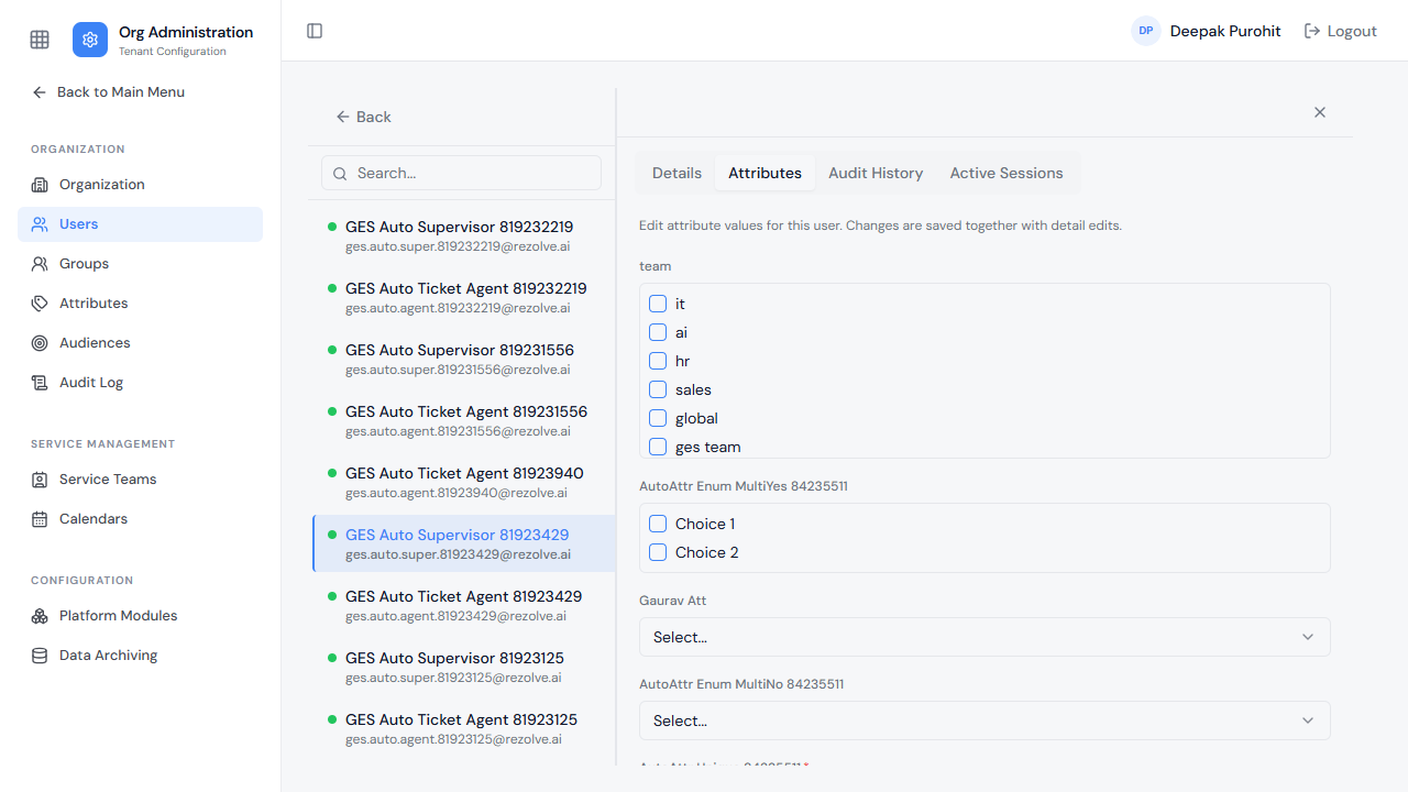 Editing a user's attributes, including Service Team assignment