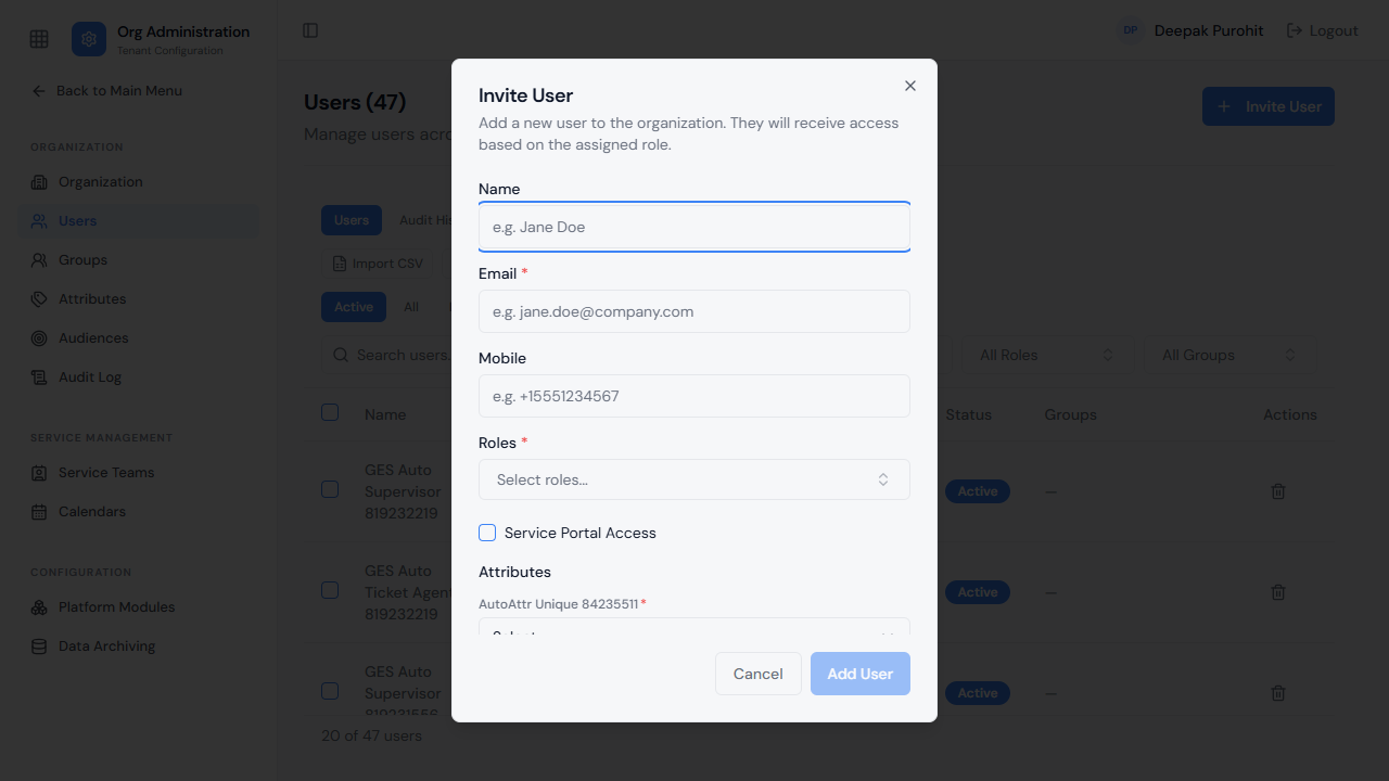 Inviting a new user