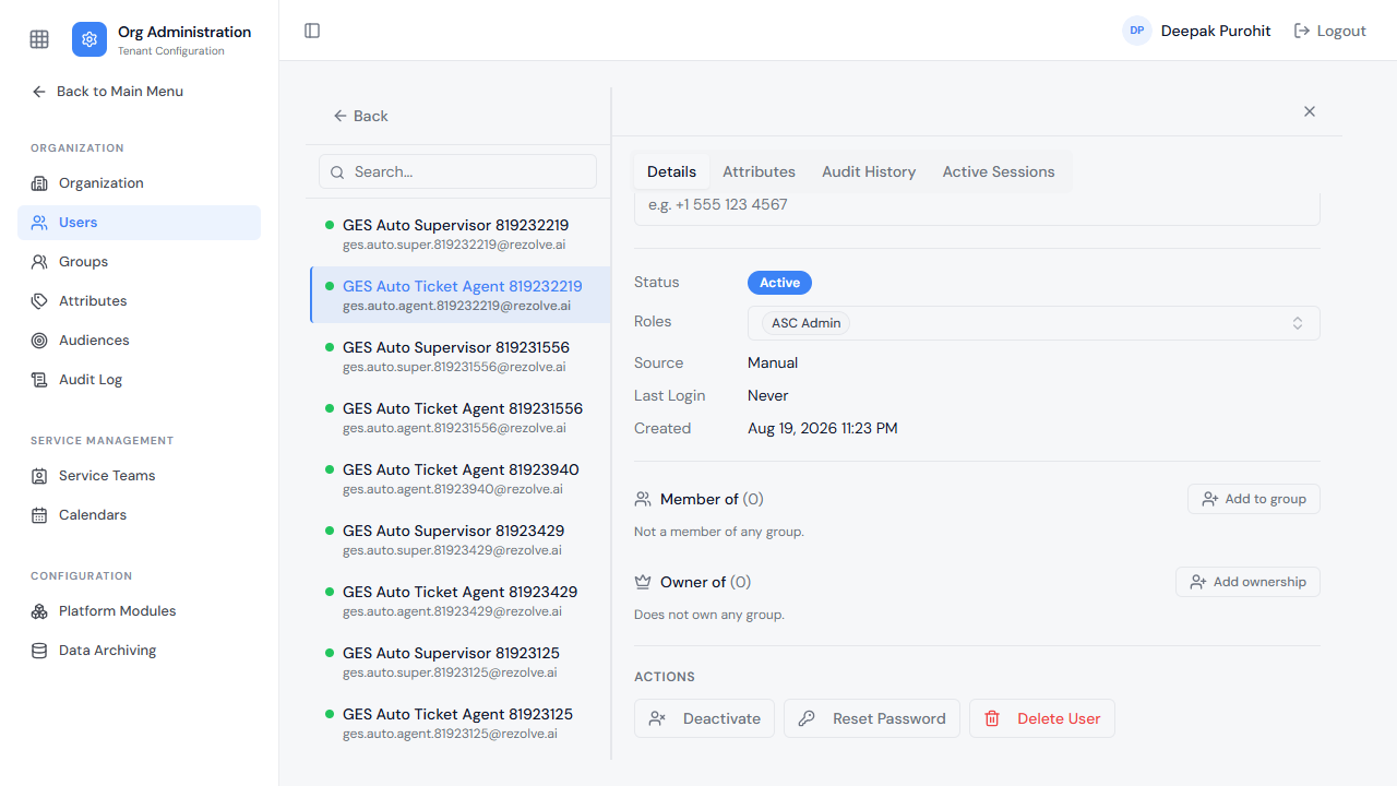 A user's profile, showing group membership and account actions