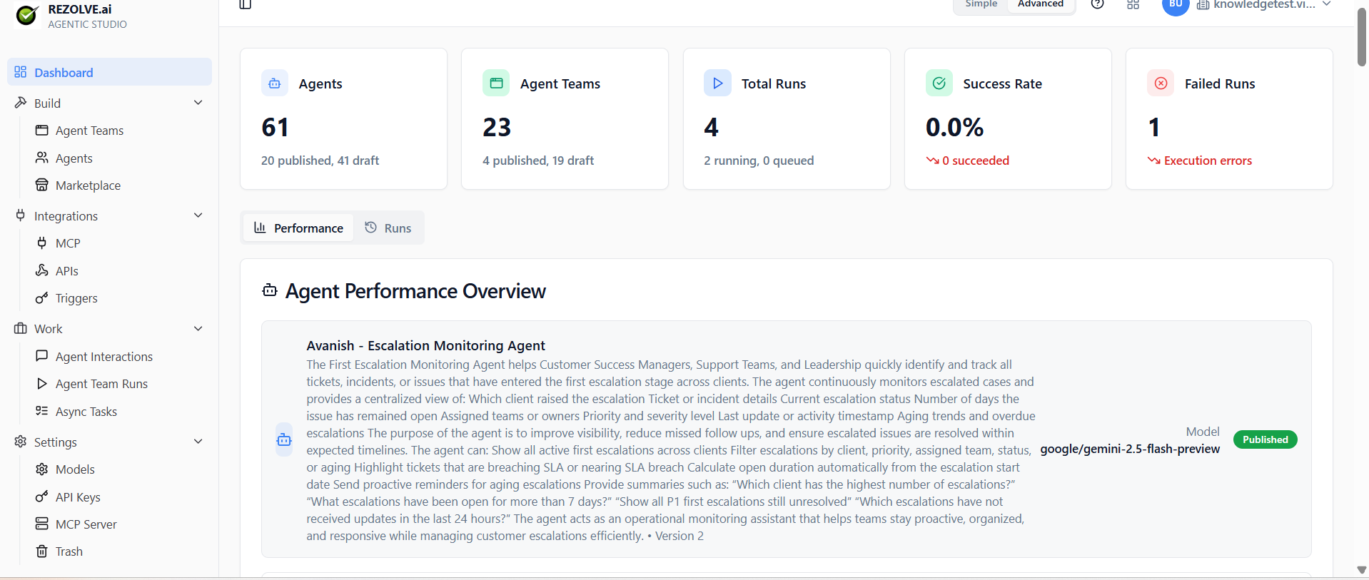 Agent Studio dashboard with agent and team metrics