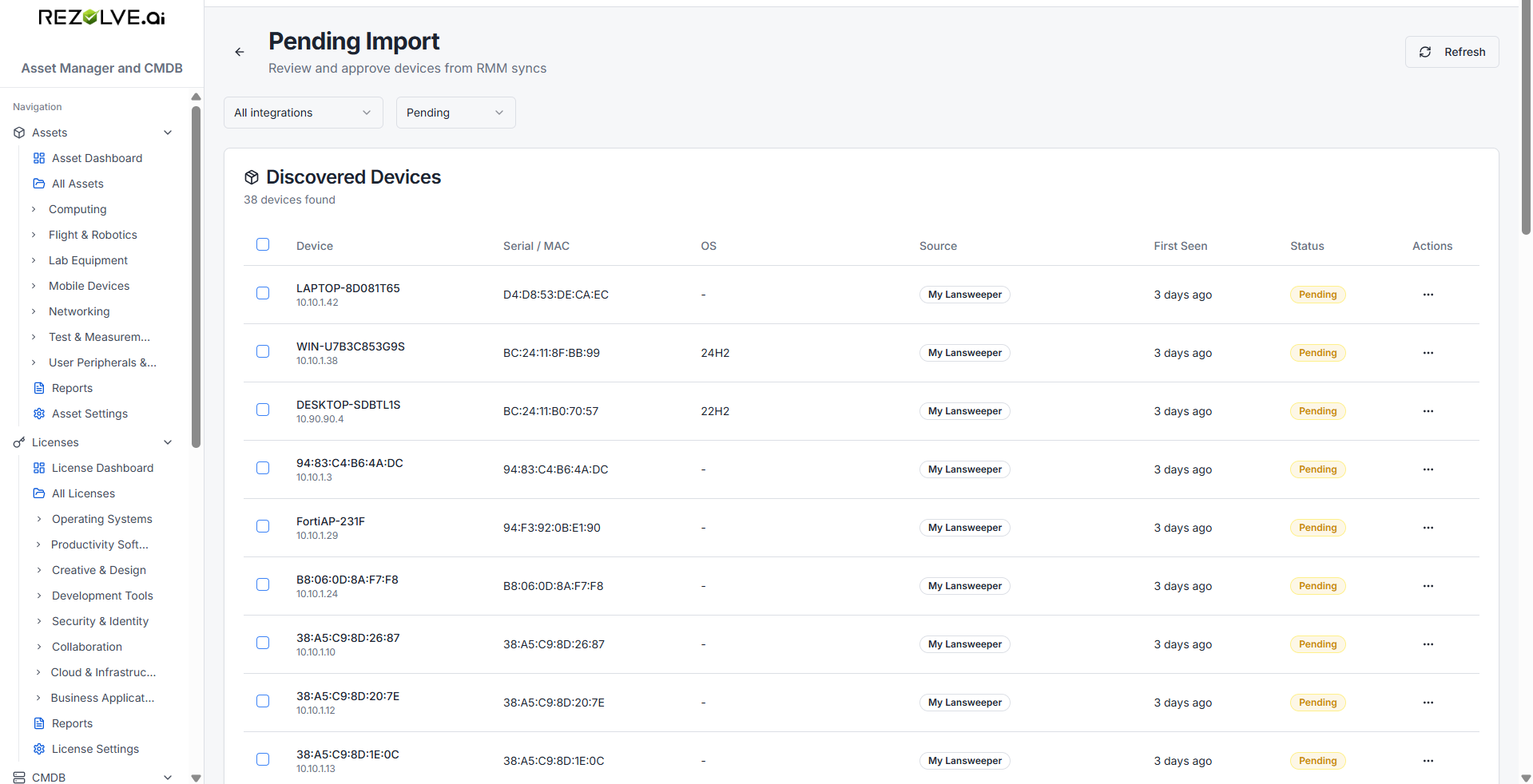 Pending Import queue listing discovered devices with Source, Serial / MAC, OS, Discovered, First Seen, and Status columns ready for approve / merge / reject