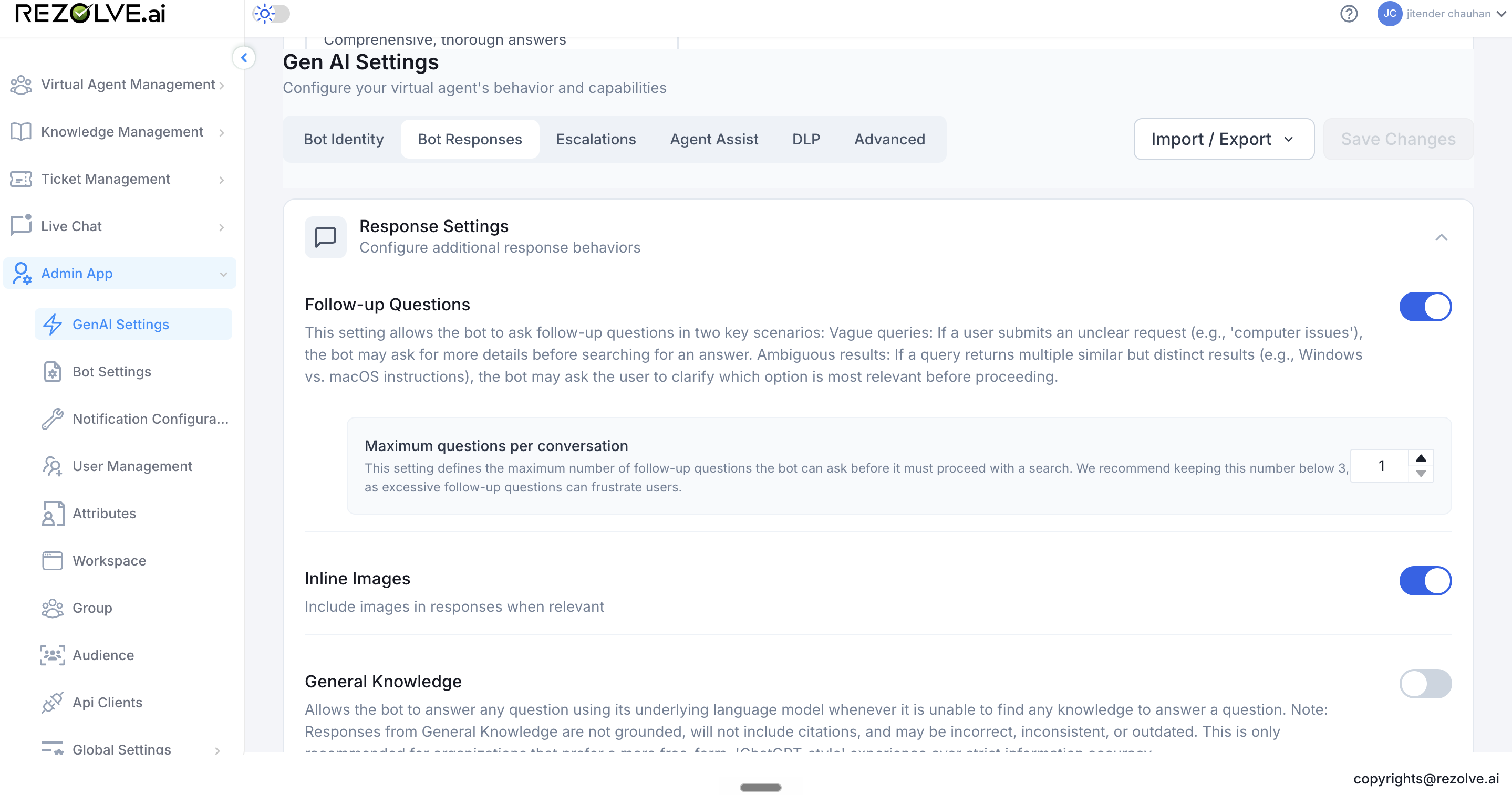 Response Settings section showing Follow-up Questions toggle, Maximum questions per conversation field, Inline Images toggle, and General Knowledge toggle
