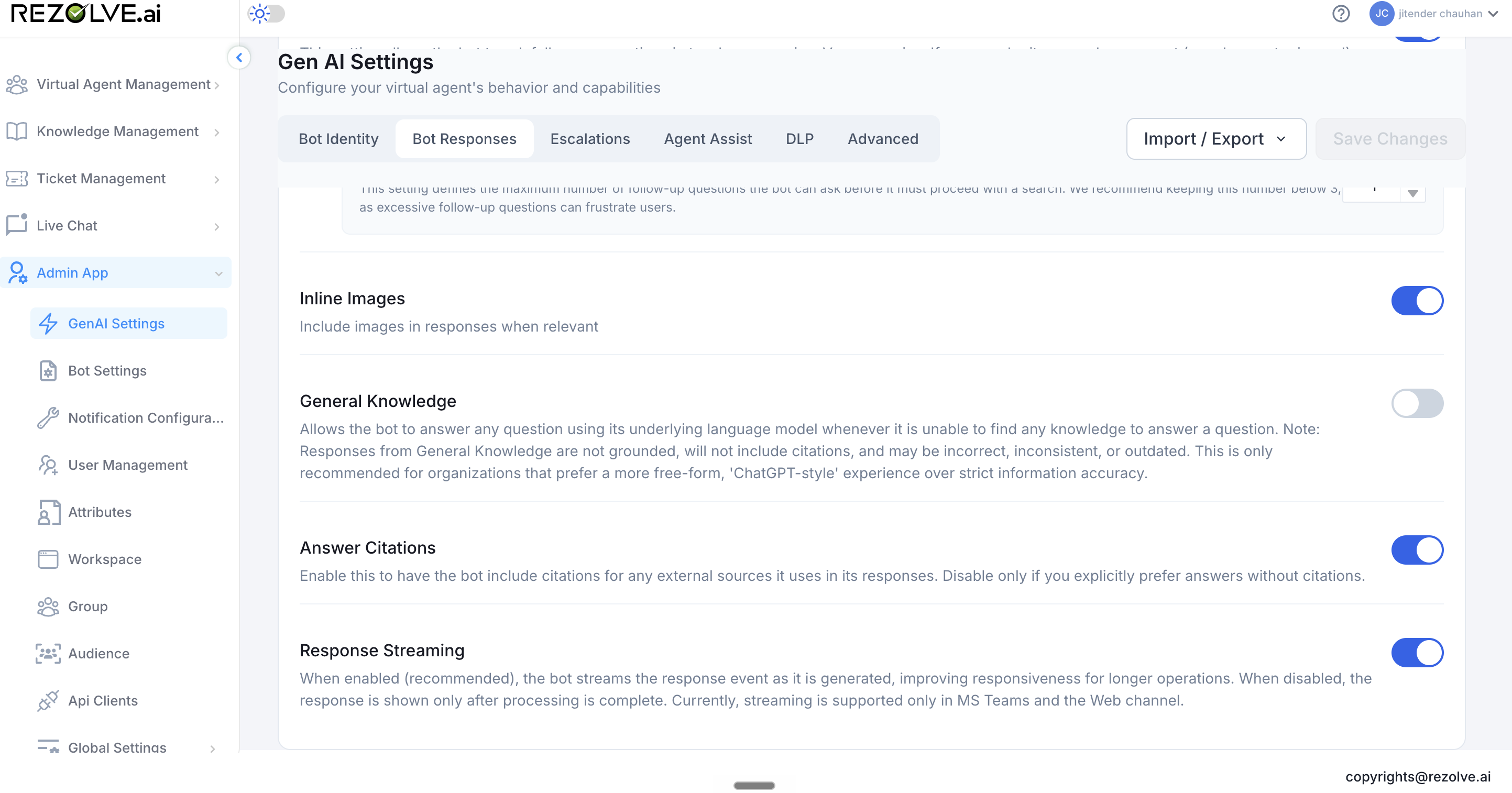 Continued Response Settings: General Knowledge toggle, Answer Citations toggle, and Response Streaming toggle