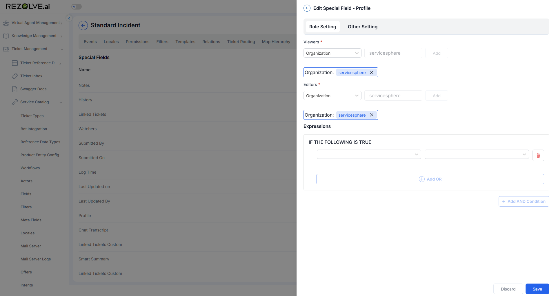 Special field Role Setting tab with Viewers, Editors, and Expressions