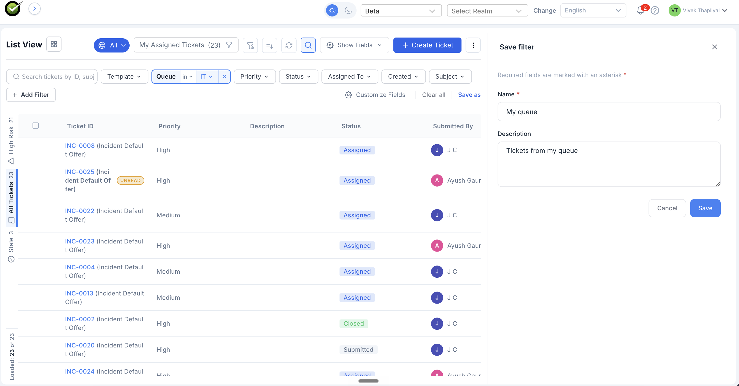 Save filter drawer open on the right of the inbox, with Name "My queue" and Description "Tickets from my queue" filled in, Cancel and Save buttons at the bottom