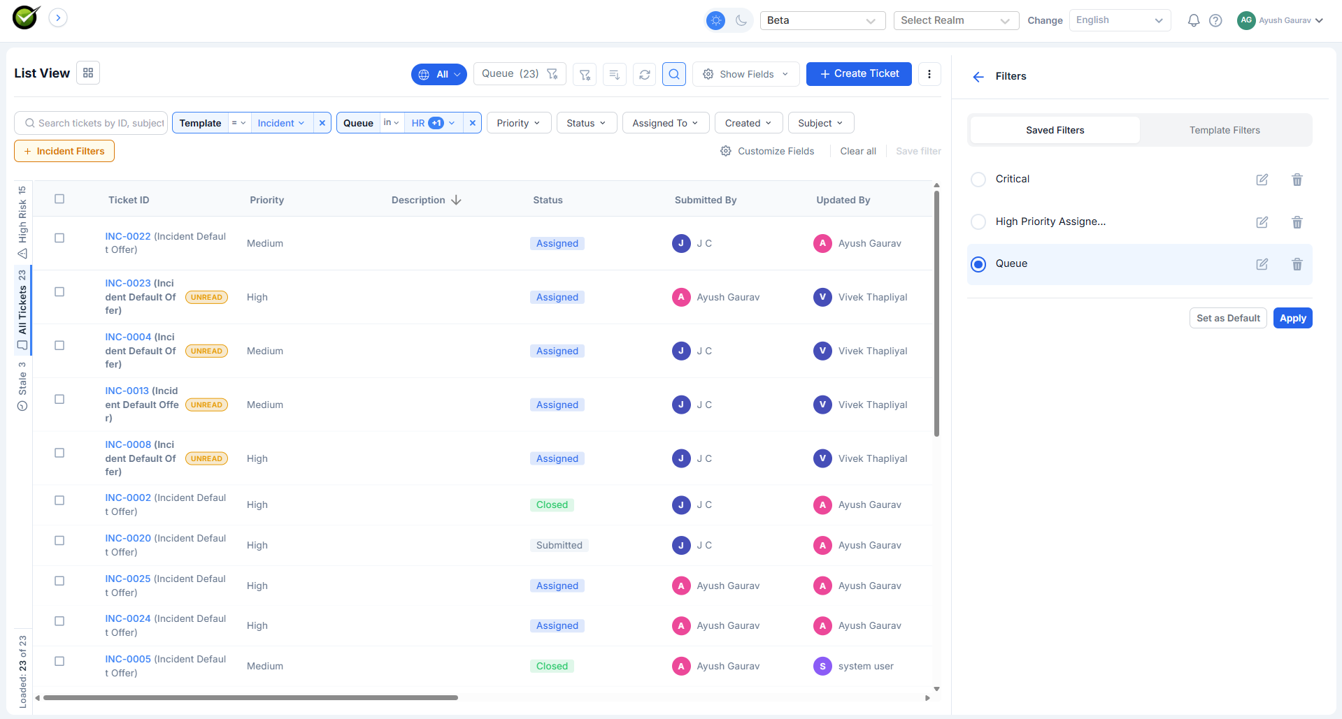 Saved filters popover open from the bookmark icon, listing six filters by name with the active one highlighted