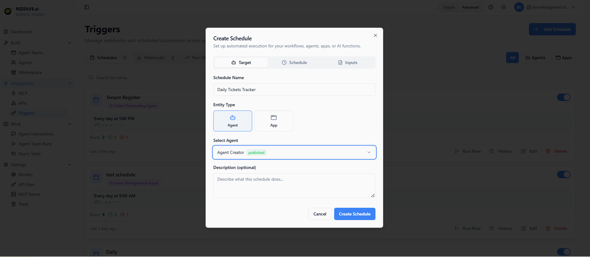 Create Schedule dialog: target picker (Agent / App), agent selector, name, description