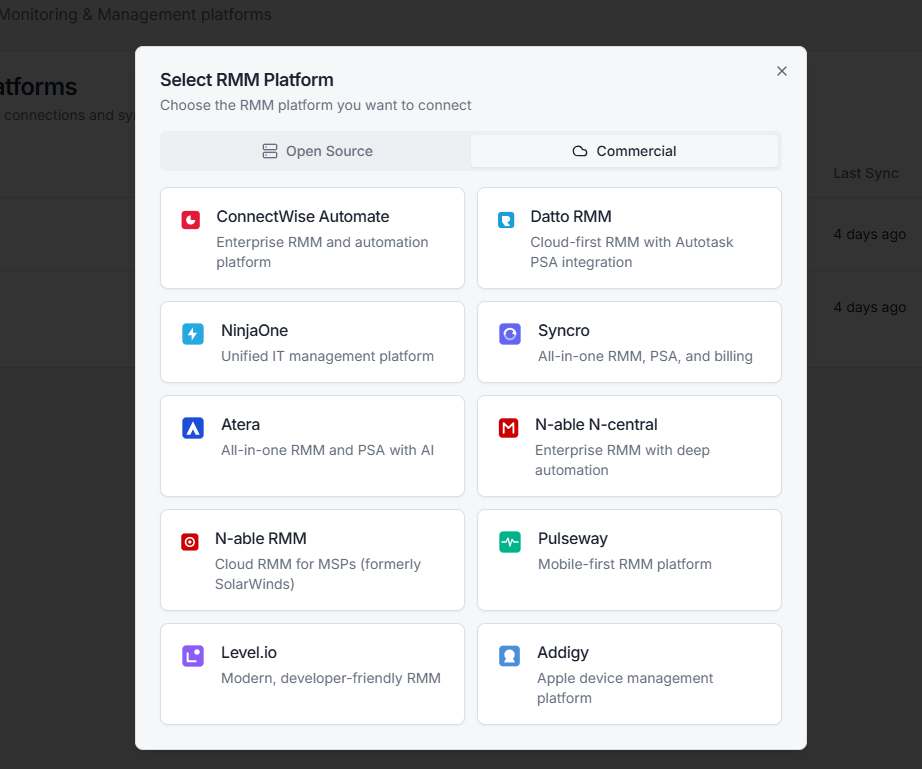 Select RMM Platform picker with Open Source / Commercial tabs and tiles for ConnectWise Automate, Datto RMM, NinjaOne, Syncro, Atera, N-able N-central, N-able RMM, Pulseway, Level.io, and Addigy