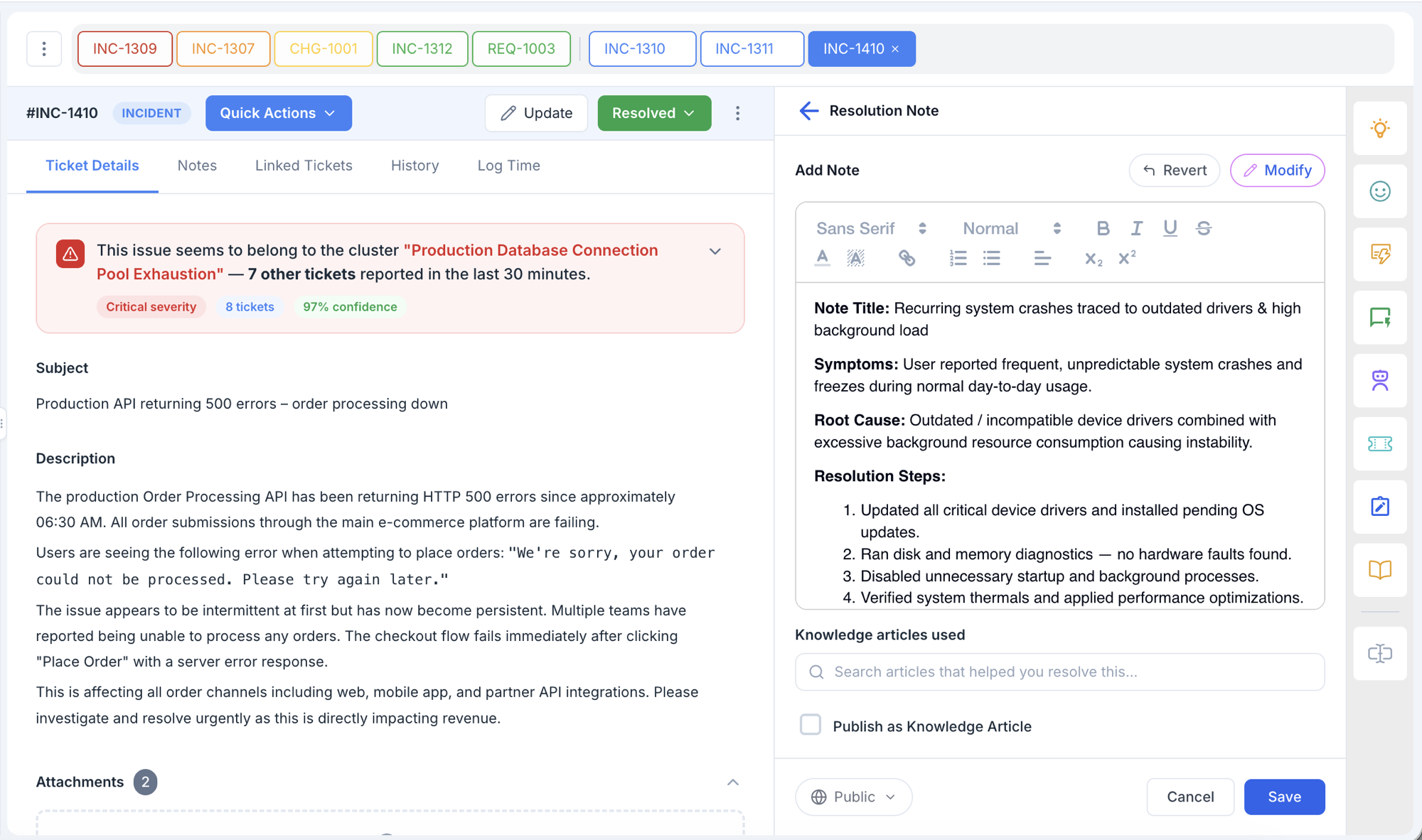 Resolution Note drawer on the right of an Incident ticket with the seven structured fields populated (Note Title, Symptoms, Root Cause, Resolution Steps), a Knowledge articles used search box below, a Publish as Knowledge Article checkbox, and Cancel / Save buttons