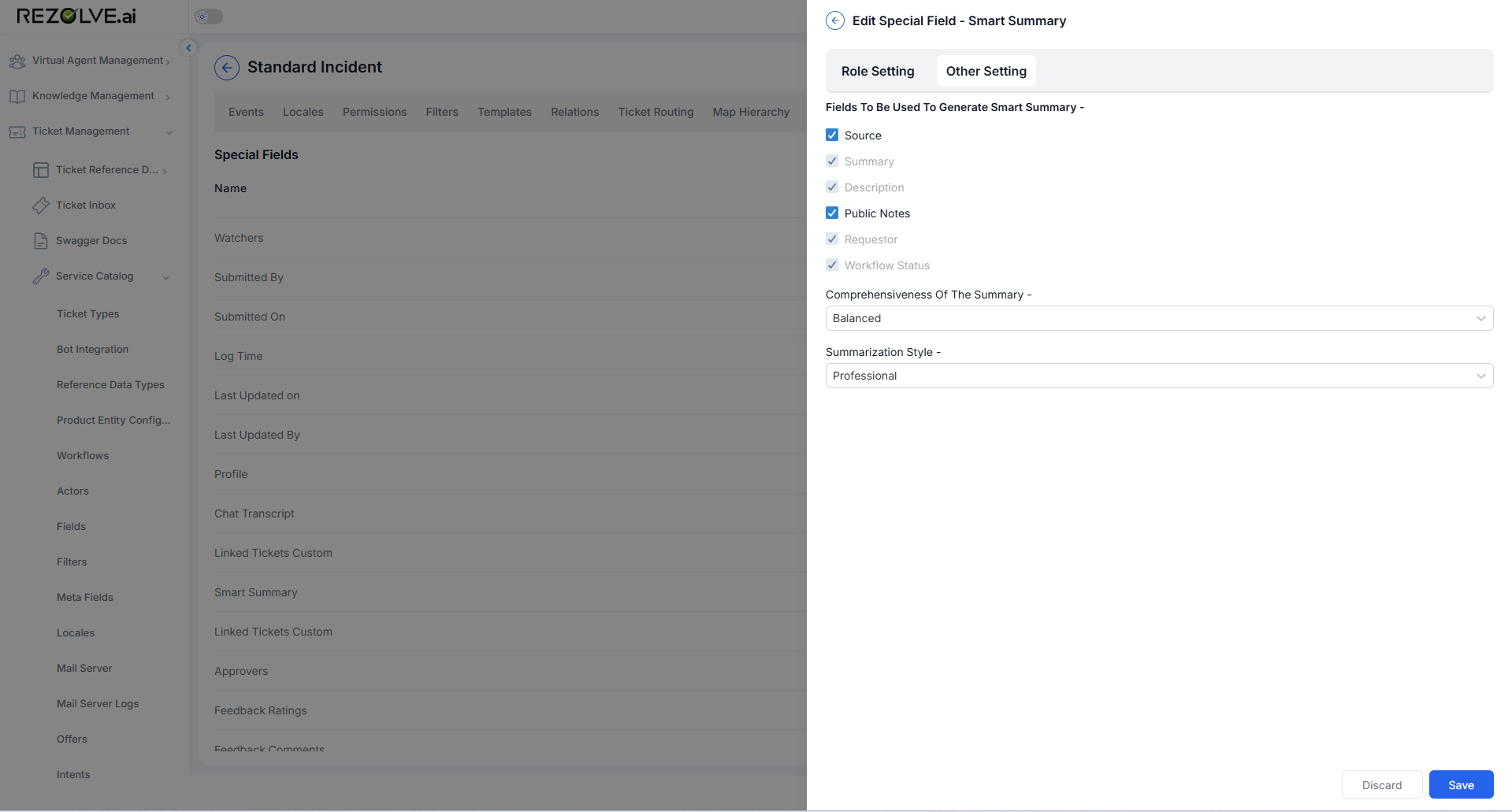 Smart Summary Other Setting: source fields, comprehensiveness, and style